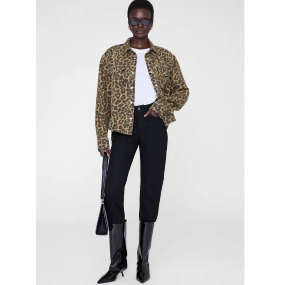 NWT Anine Bing Paxton Snap Front Denim Shirt in Black & Brown Leopard Sz S
